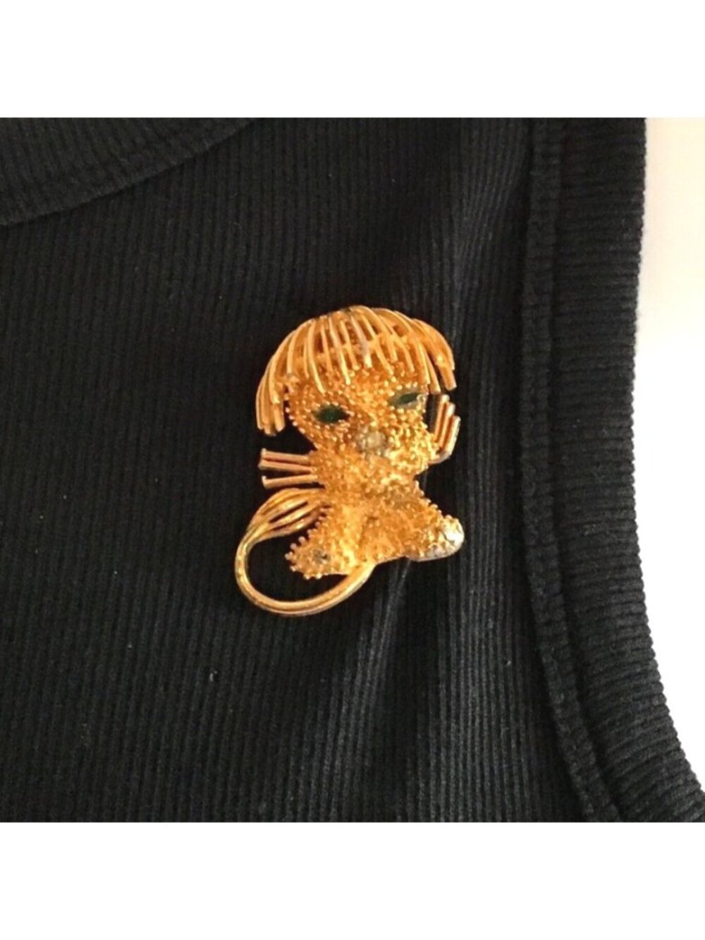 Vintage Lea Stein Gold Tone Lion Brooch Pin With Green Rhinestone Eyes
